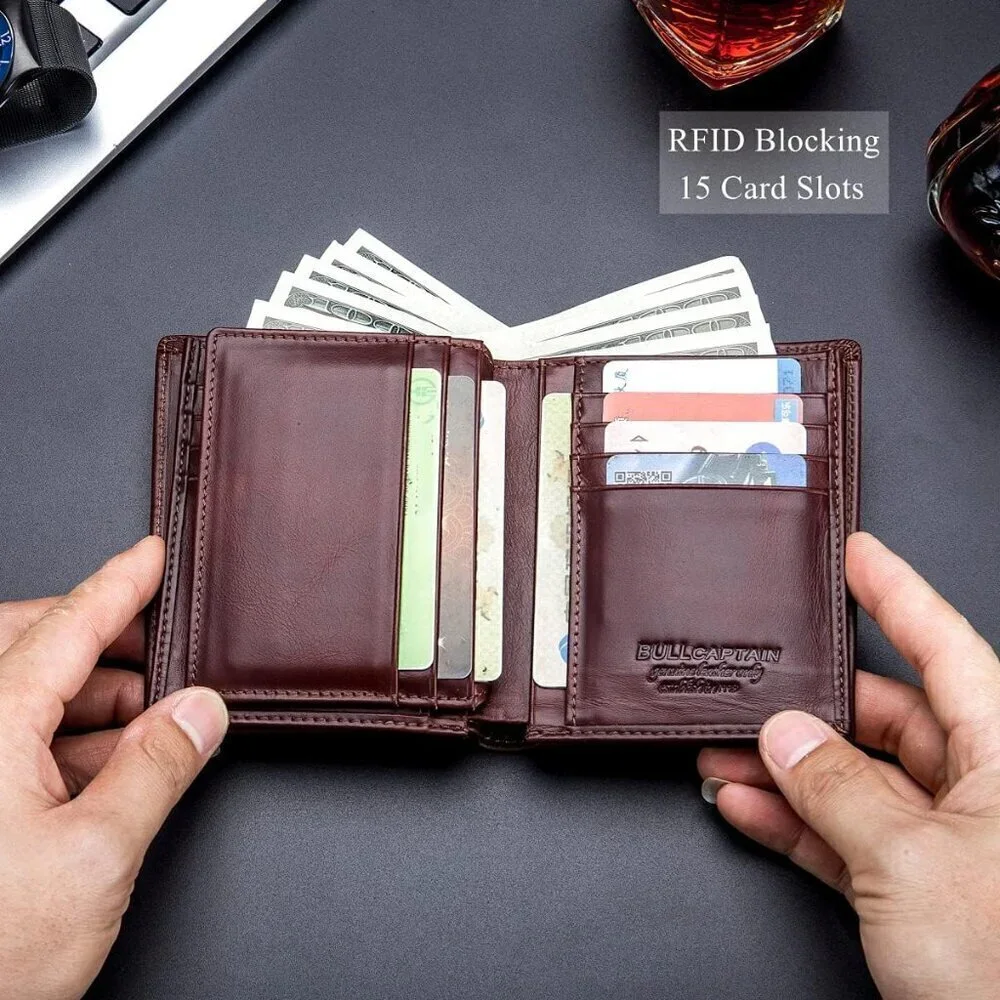 🆕Men Brown Large Capacity Genuine Leather Bifold Wallet/Credit Card Holder Slot